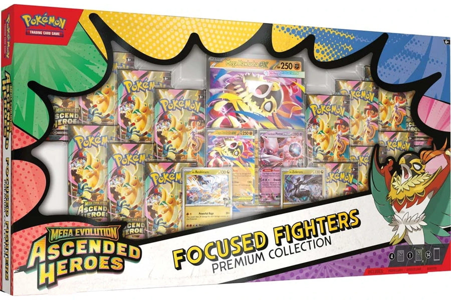 Pokemon TCG Ascended Heroes Focused Fighters Premium Collection - sealed retail package with 14 booster packs and Mega Hawlucha ex card