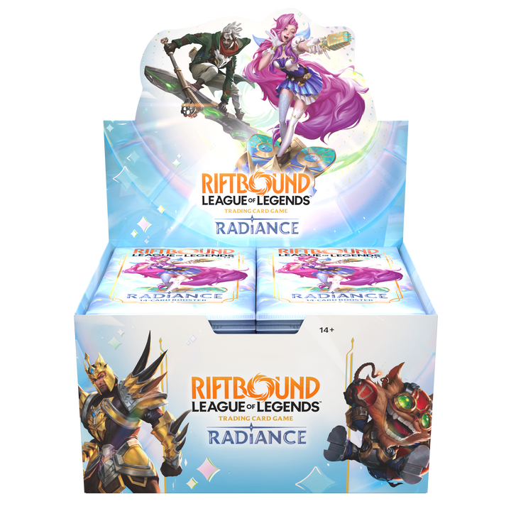 Riftbound League of Legends TCG Radiance English booster display, front view showing 24-pack display packaging