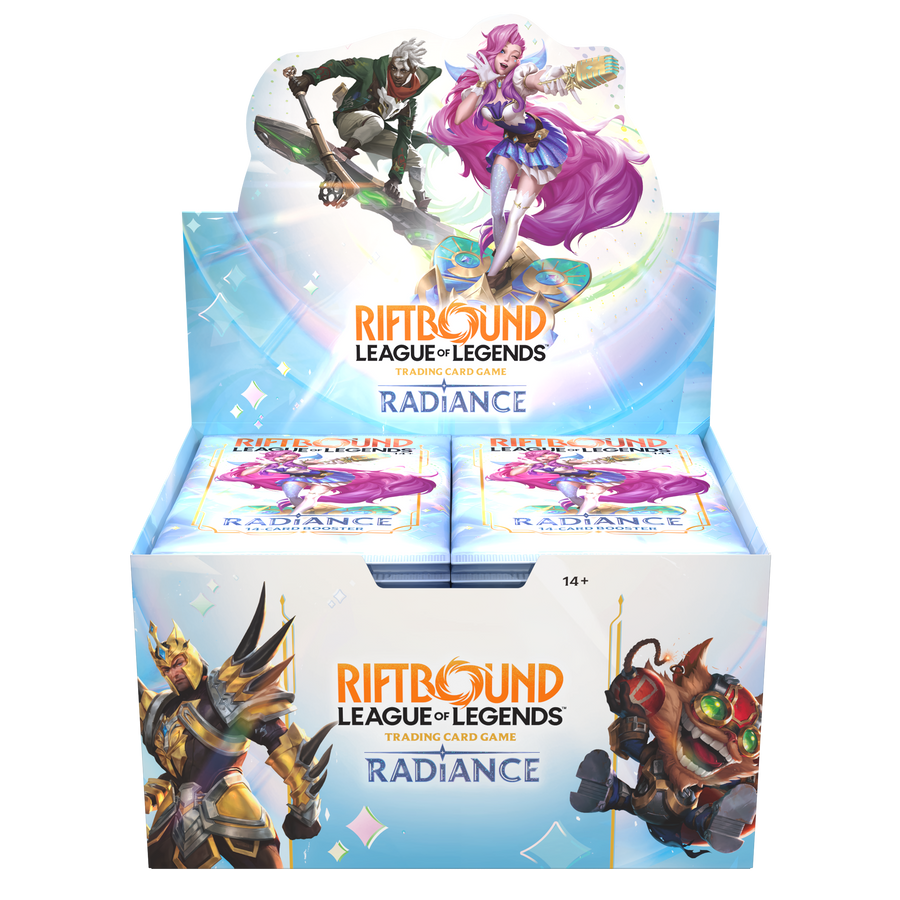 Riftbound League of Legends TCG Radiance English booster display, front view showing 24-pack display packaging