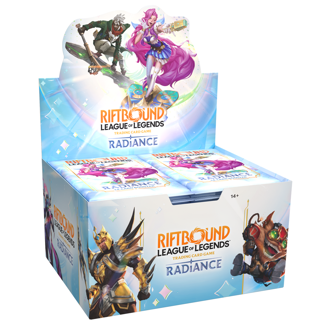 Riftbound Radiance English 24-pack booster display, front and left side view