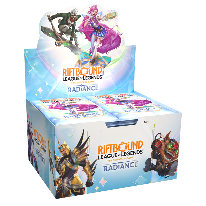 Riftbound Radiance English 24-pack booster display, front and left side view