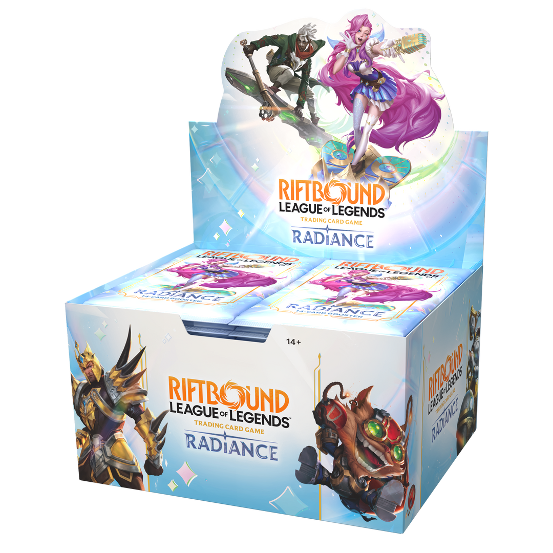 Riftbound Radiance English 24-pack booster display, front and right side view
