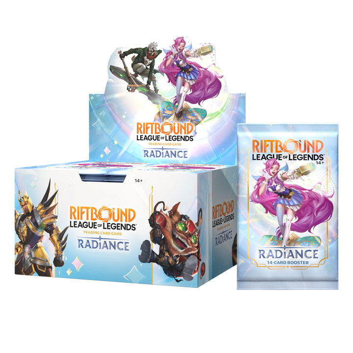 Riftbound Radiance English booster display with a single Seraphine artwork booster pack