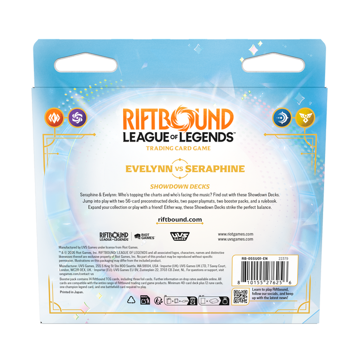 Riftbound Radiance Evelynn vs Seraphine English Showdown Deck set, retail box back showing contents, item code and barcode