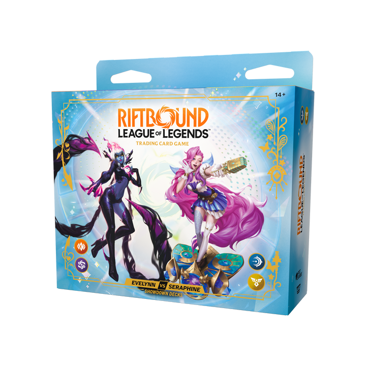 Riftbound Radiance Evelynn vs Seraphine English Showdown Deck set, retail box right side view