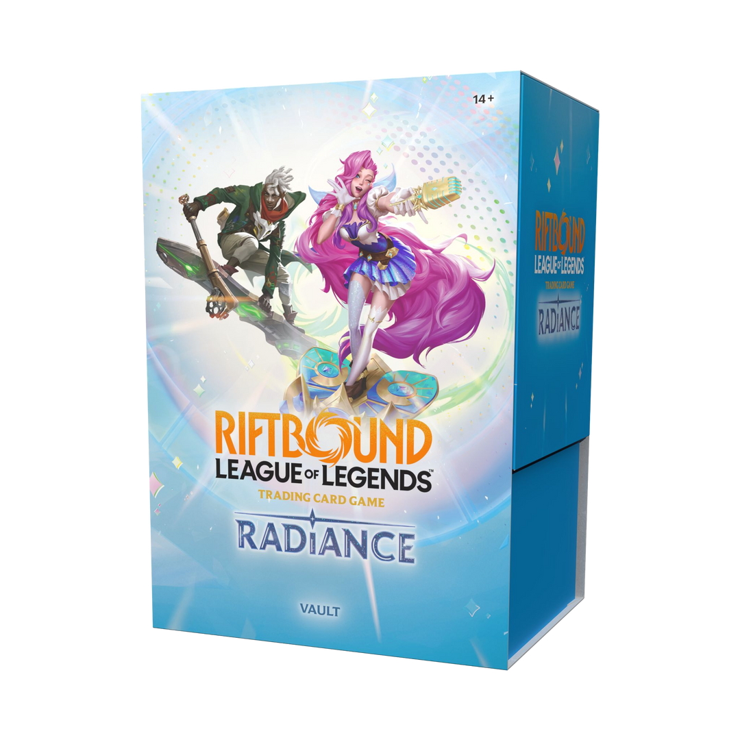 Riftbound Radiance English Vault retail box, front and slight right side view