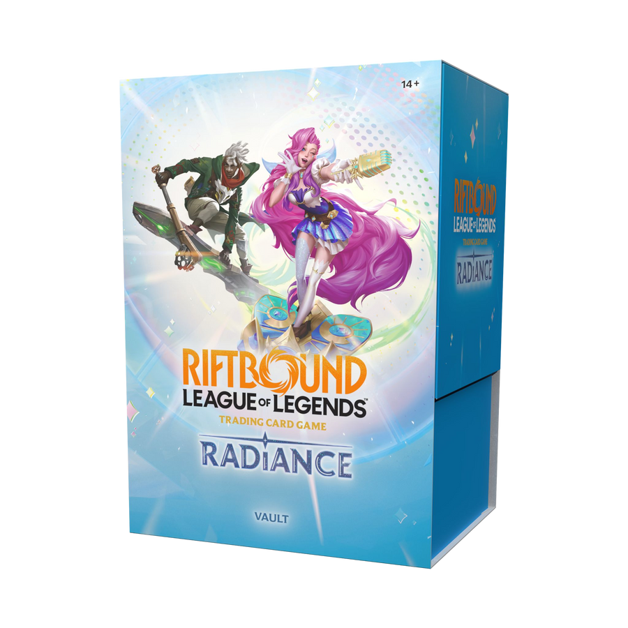 Riftbound Radiance English Vault retail box, front and slight right side view