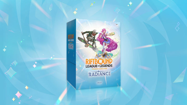 Riftbound Radiance English Vault retail box, left side view on the official blue background