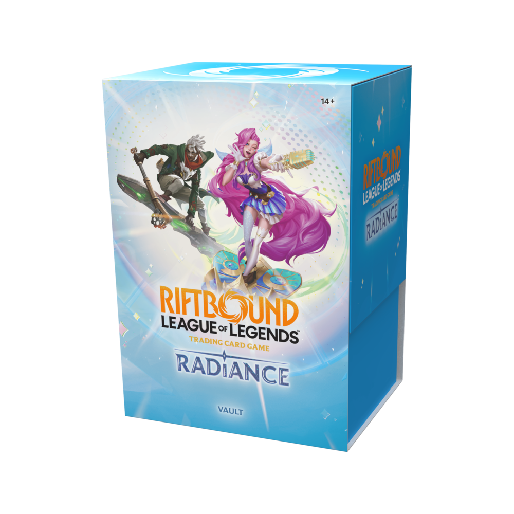 Riftbound Radiance English Vault retail box, top and right side view
