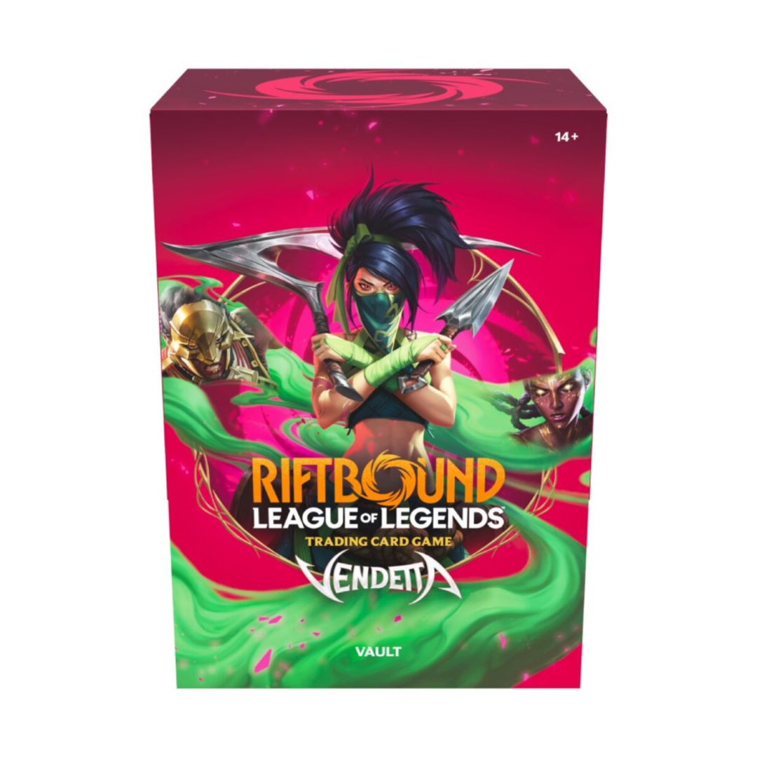 Riftbound League of Legends TCG Vendetta Vault retail box, front view with Akali artwork
