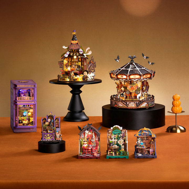 Rolife Phantom Waltz DIY Music Box AMS04 Halloween miniature collection display with the Phantom Waltz carousel and matching Rolife kits