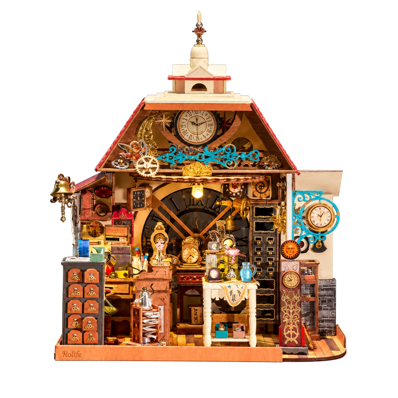 Rolife Clockwise Clocks DIY Miniature House DH104 complete model on a white background