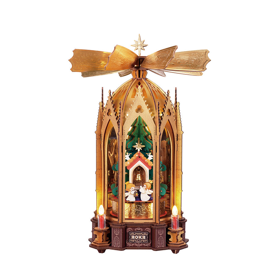 ROKR Blessed Christmas Pyramid AMB01 wooden model with festive figures and a decorative fan-shaped top on a white background