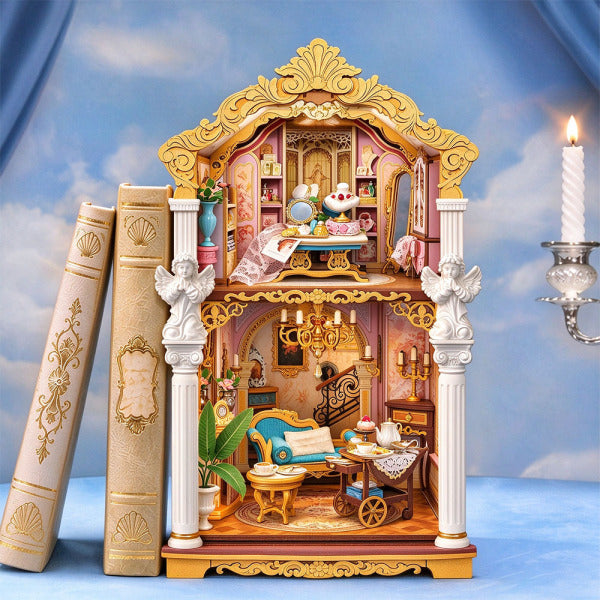 Rolife Rococo Salon TGB24 book nook front view with ornate gold trim, two illuminated miniature rooms, books and a candle against a blue backdrop