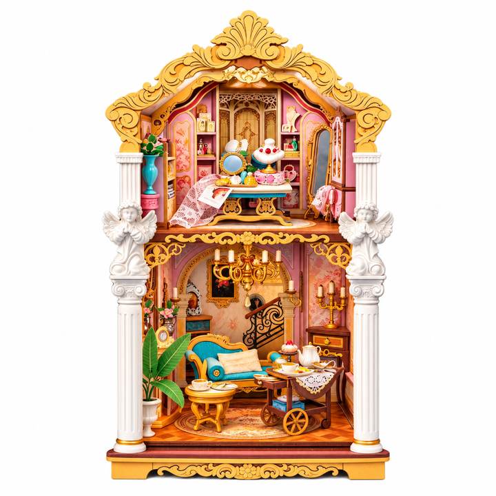 Rolife Rococo Salon TGB24 assembled two-storey book nook with gold rococo trim, white angel columns and miniature salon furniture on a white background
