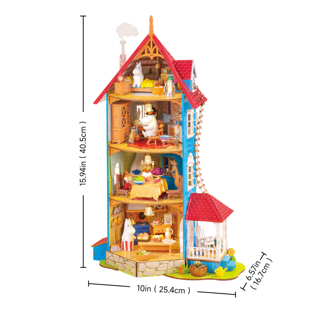 Rolife Moominhouse DIY miniature house size chart showing 25.4x16.7x40.5 cm dimensions