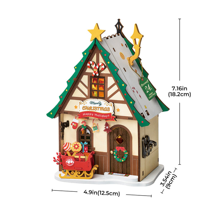 Rolife Twinkling Christmas House DS036 outline diagram with dimensions 4.9in wide and 7.3in tall labeled on white background