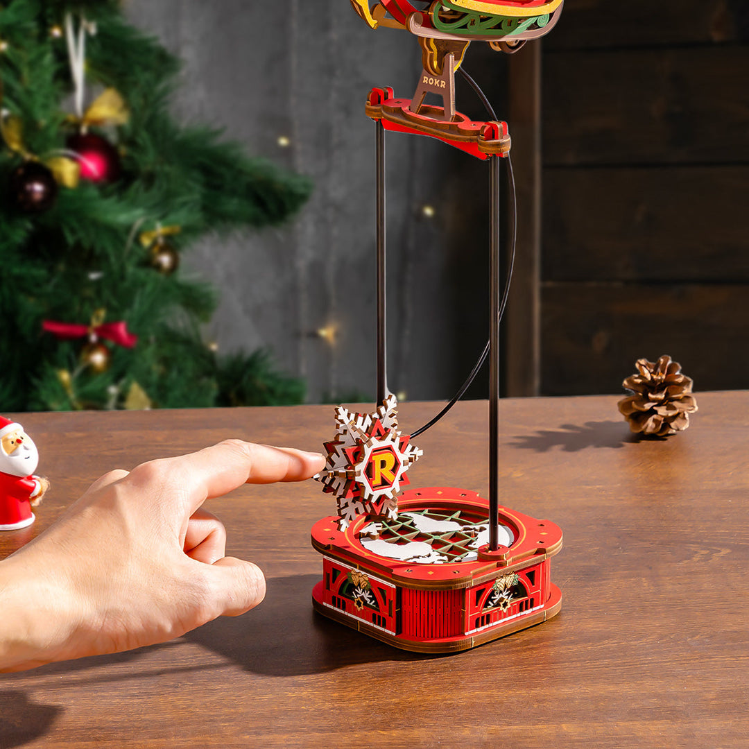 ROKR Santa on Sleigh Pendulum Balance Toy 3D Puzzle MCD05 3D wooden puzzle model, top-down view of layout and arrangement