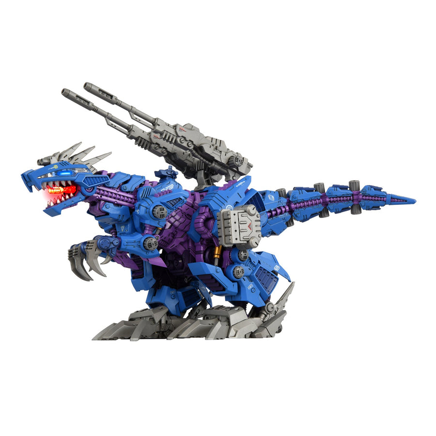 Takara Tomy 1/72 Zoids AZ-15 Psycho Geno Saurer - front three-quarter view with illuminated eyes and cannon