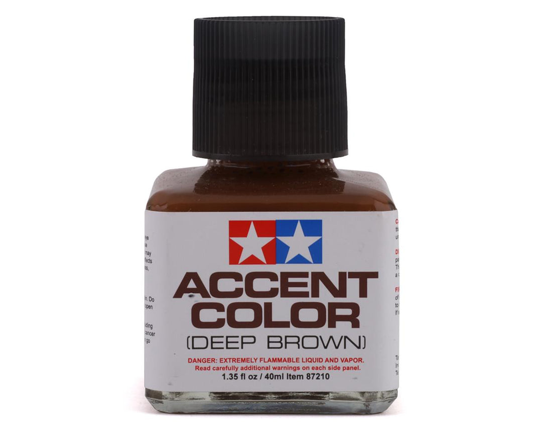 Tamiya 87210 Accent Color Deep Brown 40ml bottle, front view with English label